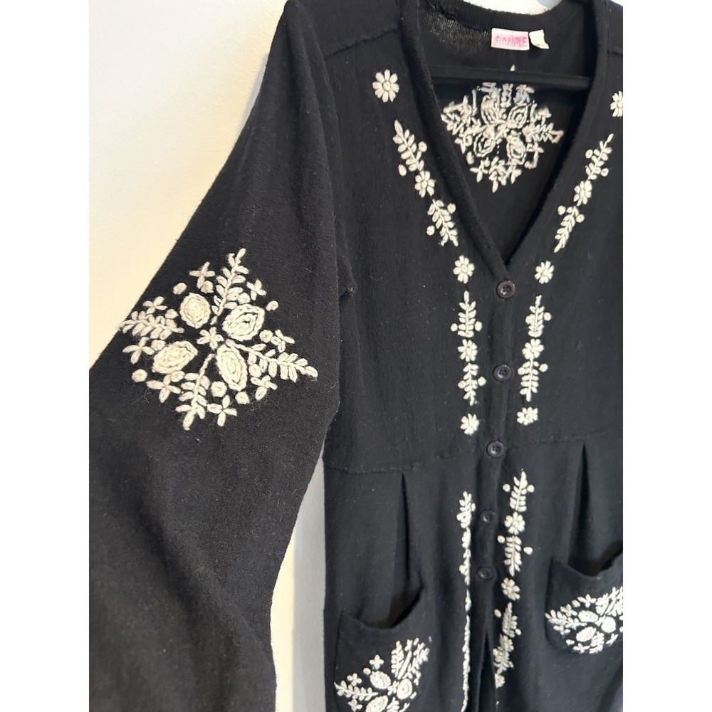 Boho Embroidered witchy floral Wool Button Down Knee Length Dress Long Sleeves M